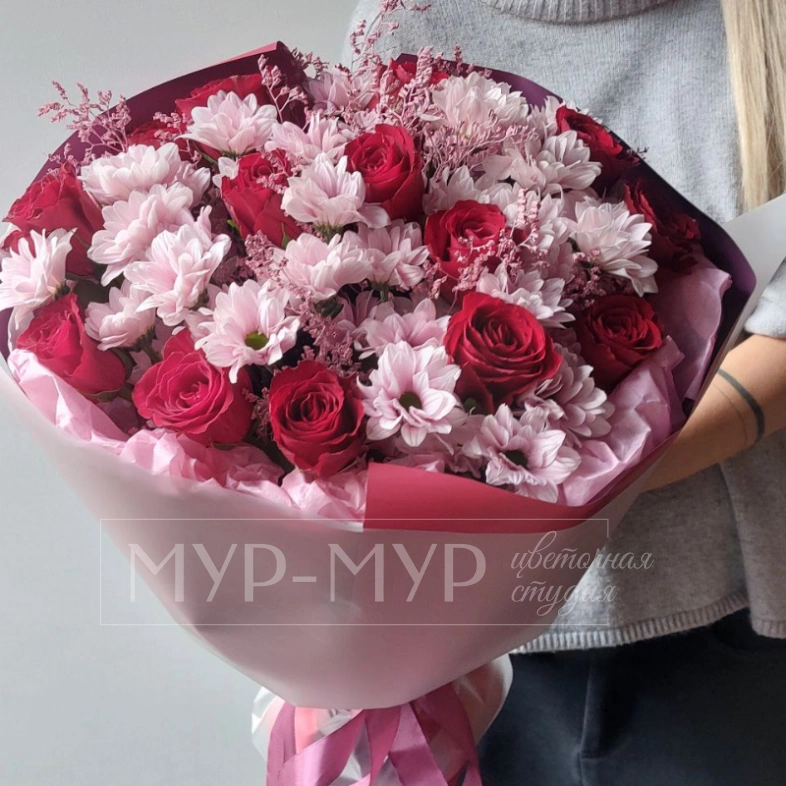 Букет из розы и хризантемы &laquo;Розовое настроение&raquo;