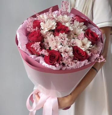 Букет из розы и хризантемы «Розовое настроение»