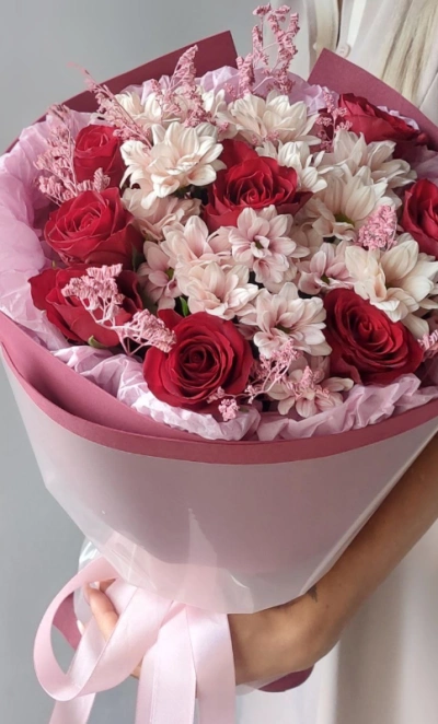 Букет из розы и хризантемы «Розовое настроение»