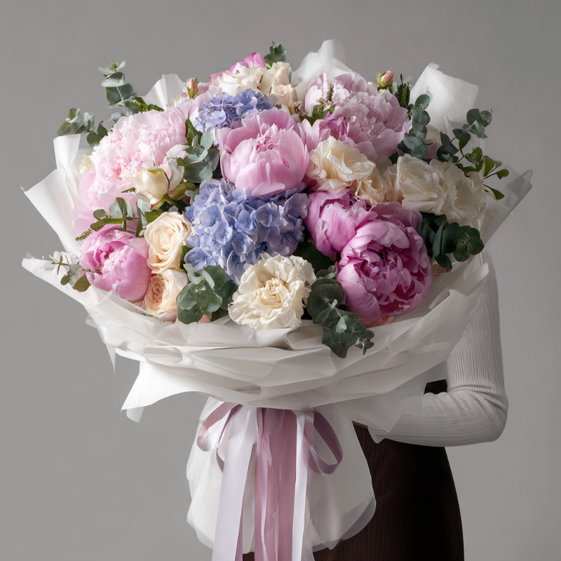 Букет с пионами «Тёплая акварель»